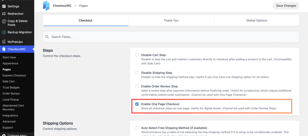 Customize WooCommerce one page checkout: CheckoutWC enable one page checkout