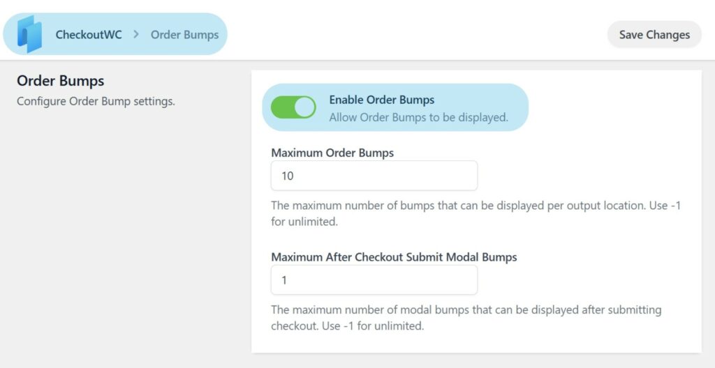 Enable Order Bumps option is toggled on