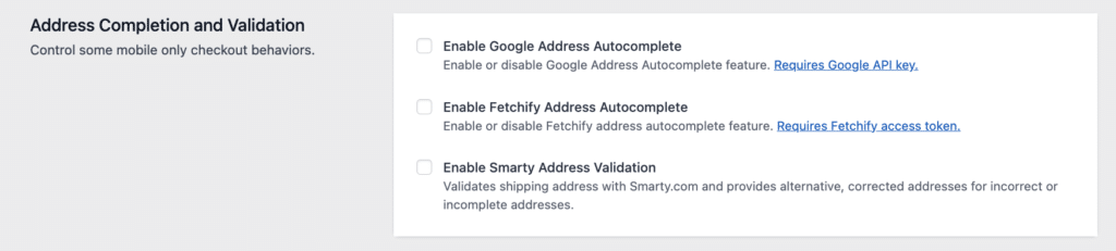 Address completion and validation settings in CheckoutWC