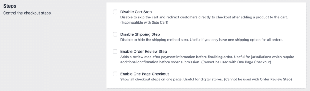 Checkout steps settings in CheckoutWC
