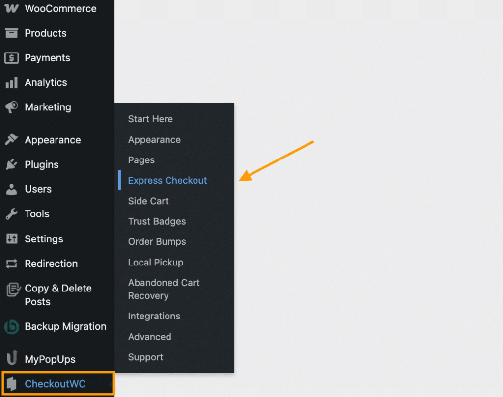 Navigating to the Express Checkout settings in CheckoutWC