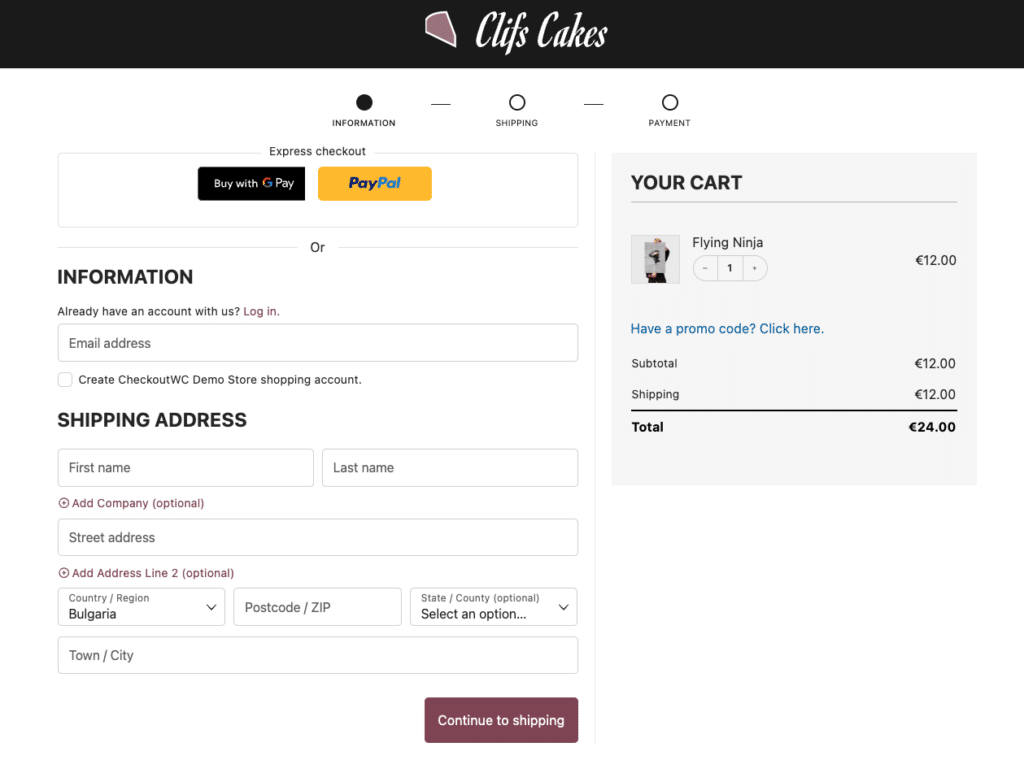 Example of a checkout page with the option for express checkout