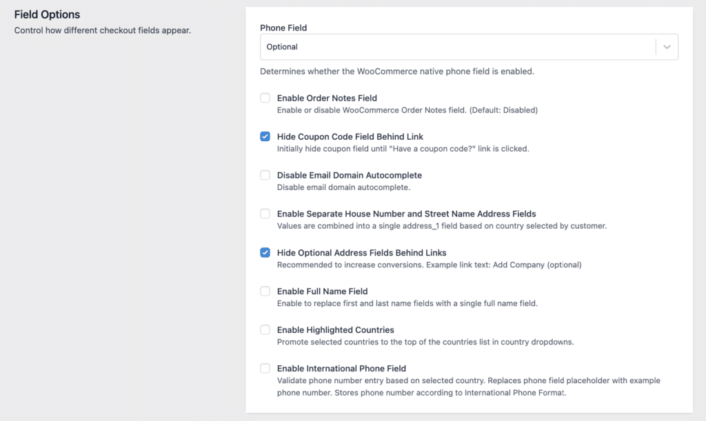 Checkout field options in CheckoutWC