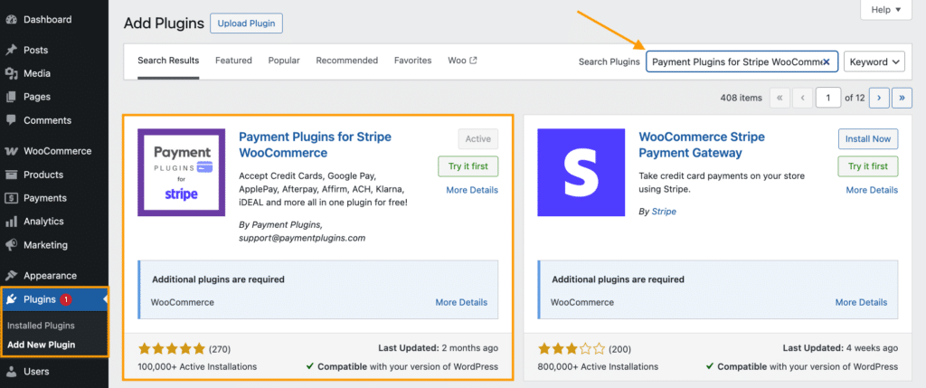 Installing and activating the Payment Plugins for Stripe WooCommerce plugin from WordPress