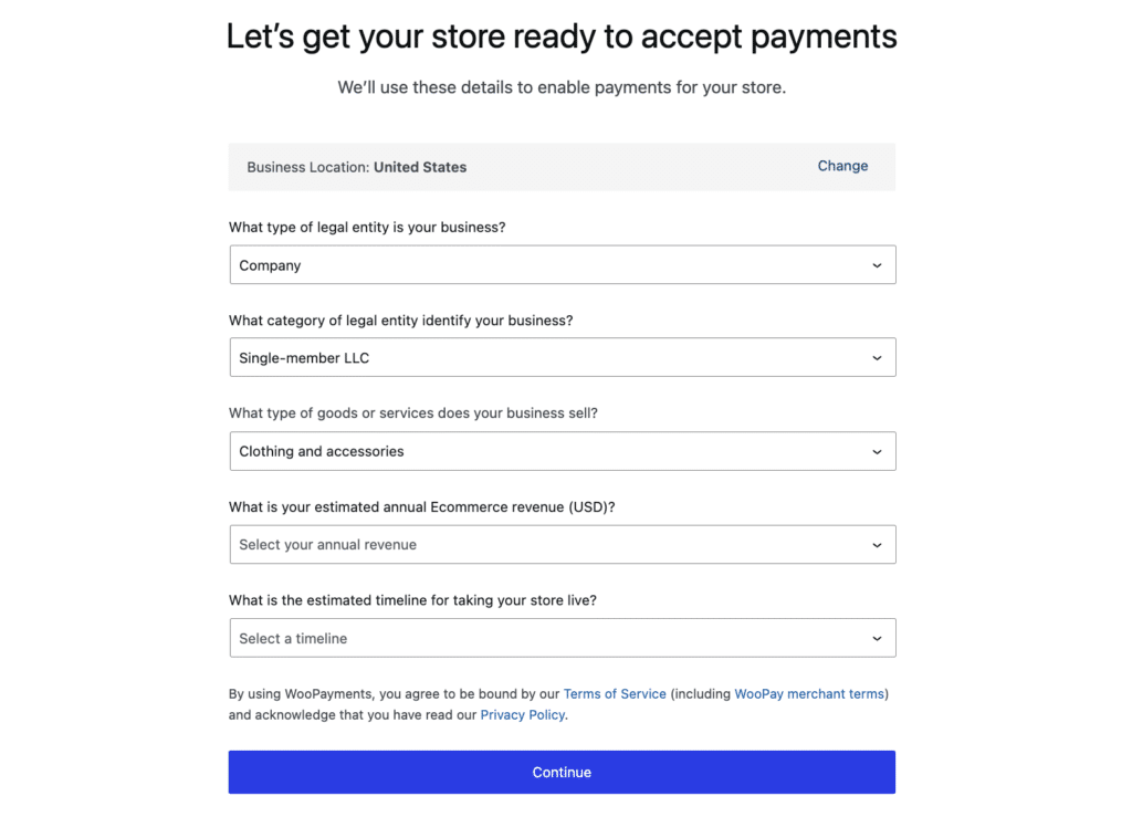 Filling out the business information for WooPayments