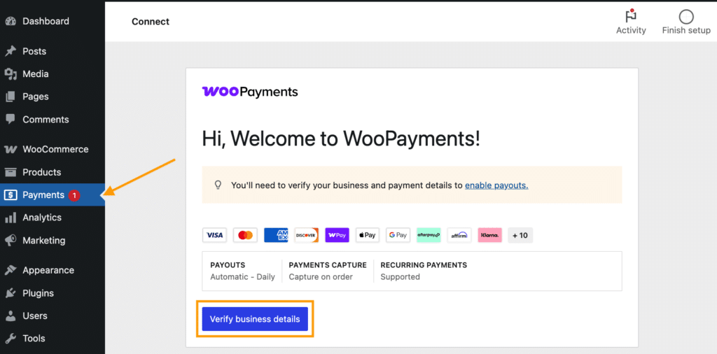 Navigating to the WooPayments tab in WooCommerce